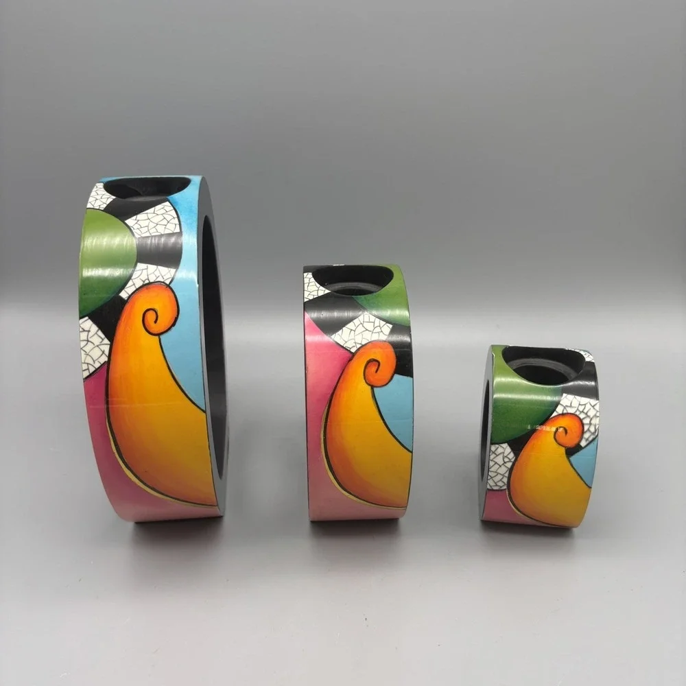 Art Deco Tea Light Candle Holders‎ Bright Colors Abstract Design Stackable